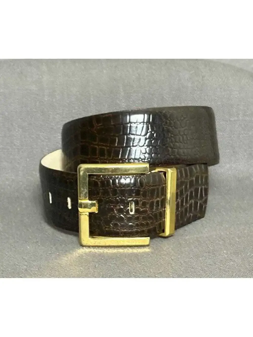 1990's Dark Brown Croc Print Leather Belt Gold Brass Buckle by Morgan Taylor Med